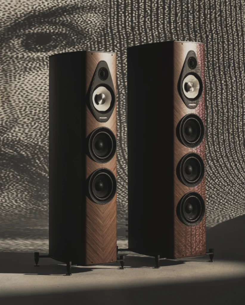 A pair of floorstanding loudspeakers with walnut side panels, against a wall patterned with dappled light.