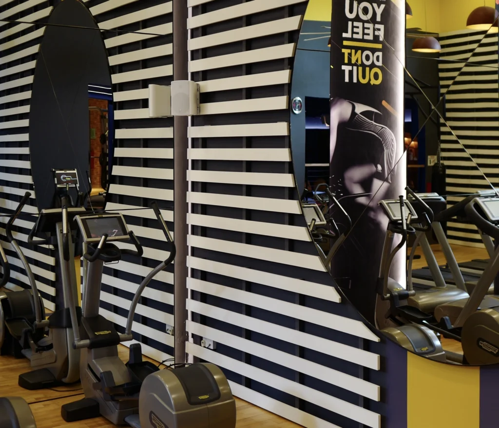 A white surface-mounted loudspeaker fixed to a slatted timber wall in a condominium gym, beside a row of cross-trainers.