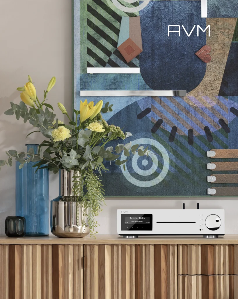 White AVM network player with a display on a slatted wooden sideboard, beneath colourful abstract art and a vase of flowers.