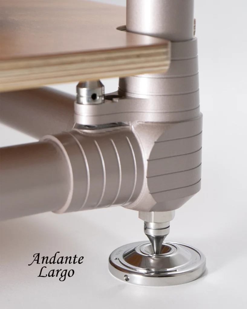 Andante Largo silver support frame with a spiked foot, holding a wooden shelf.