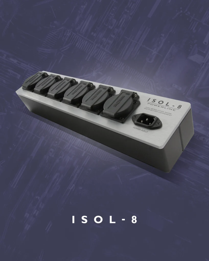 ISOL-8 silver mains power distributor with six black sockets and a power inlet, on a purple background.