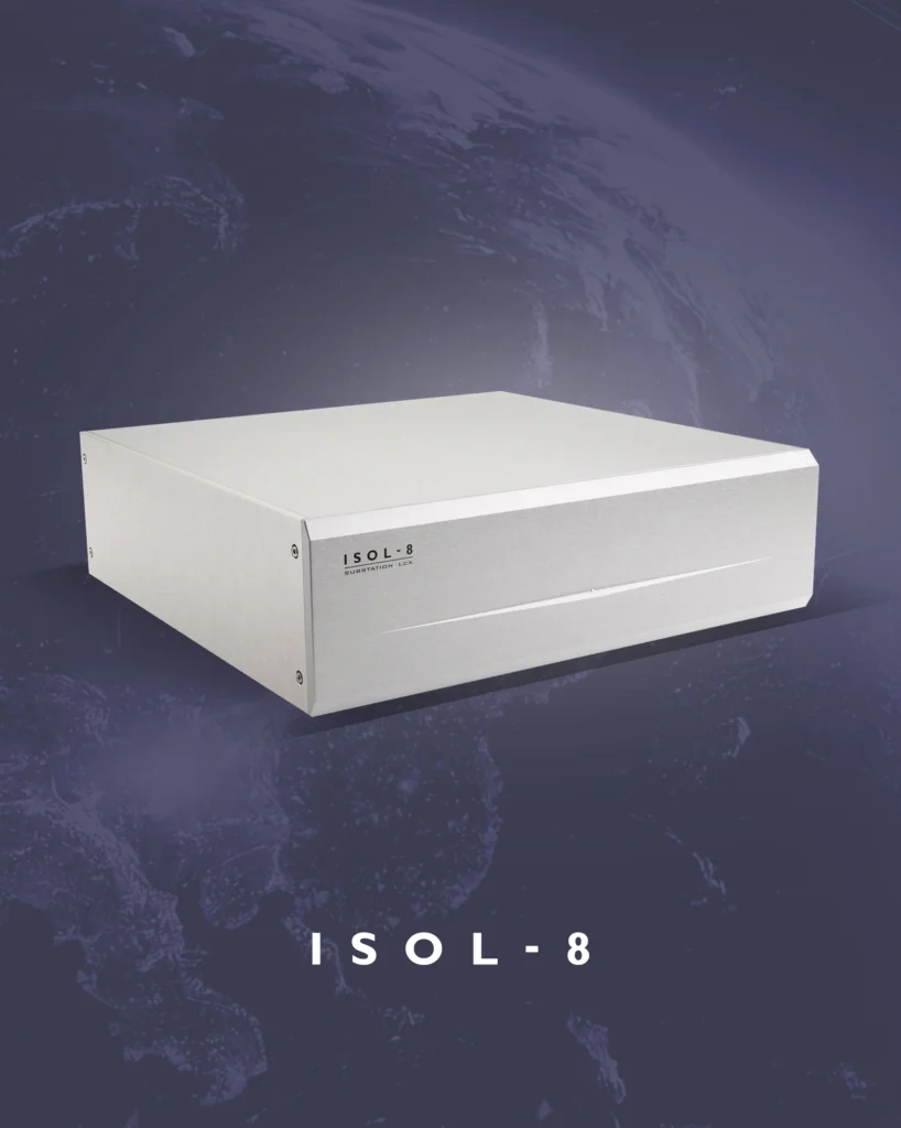 Silver ISOL-8 power conditioner box on a purple background.