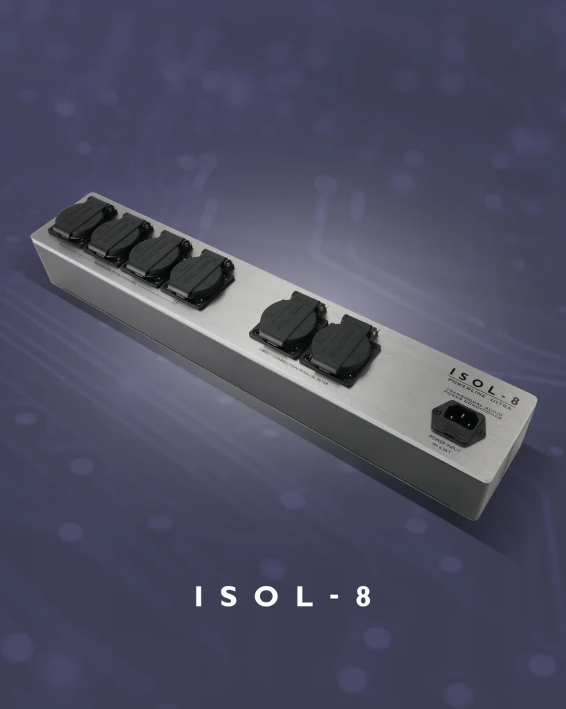 ISOL-8 silver mains distributor with two groups of black sockets and a power inlet, on a purple background.