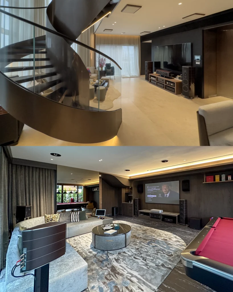 Two home theatre rooms: a spacious living area with floorstanding speakers and a screen, and a dark media room with projector screen and pool table
