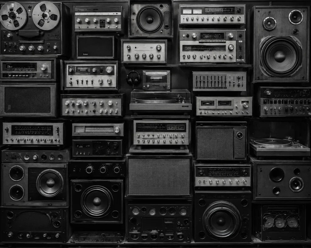 A black and white wall of vintage hi-fi: reel-to-reel decks, amplifiers, turntables and speakers stacked together