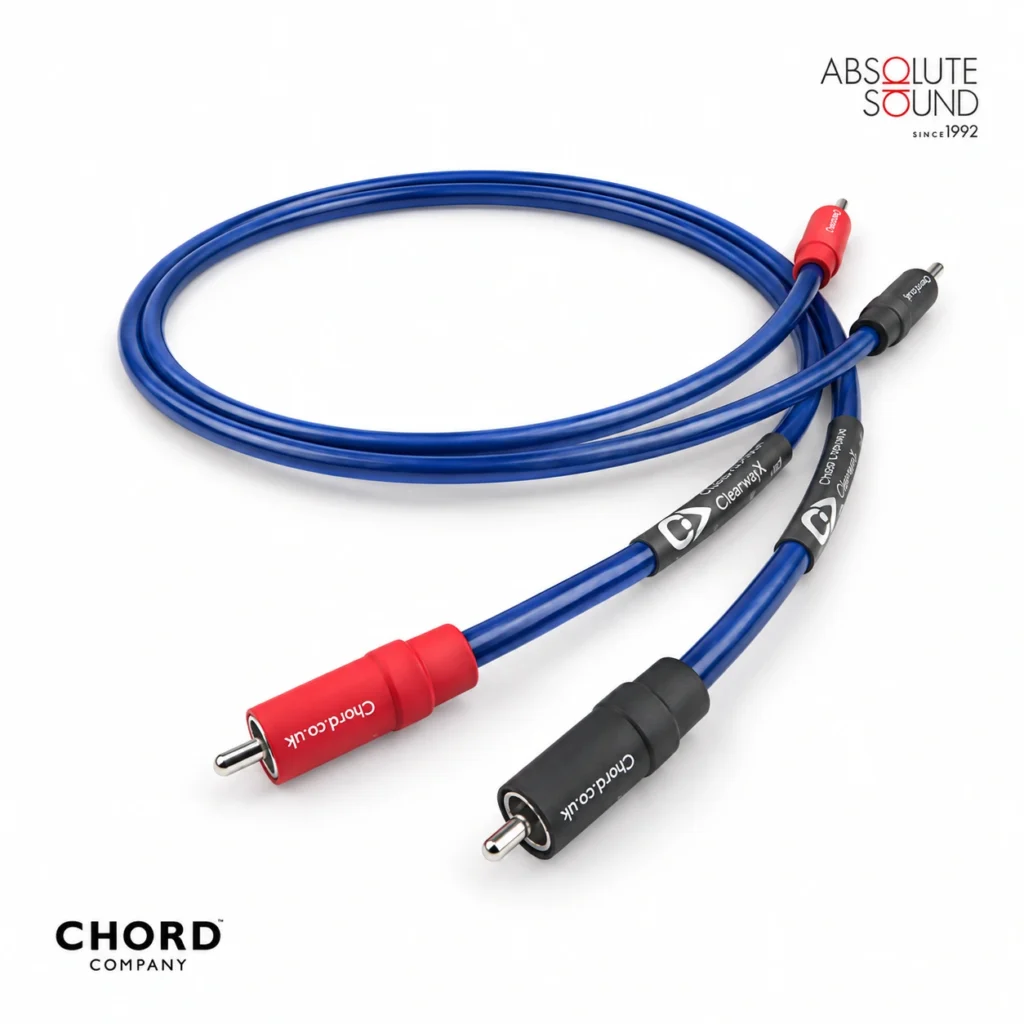 Chord Company Clearway X RCA interconnect, a pair of blue cables with red and black RCA plugs