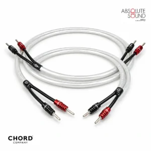 Chord Company Clearway X speaker cable, a pair of white cables with red and black banana plugs