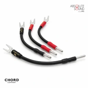 Chord Company Signature speaker links, a set of short black jumpers with spade and banana plugs