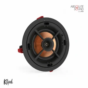 Klipsch PRO-160-RPC in-ceiling speaker, shown with its grille off to reveal the copper woofer.