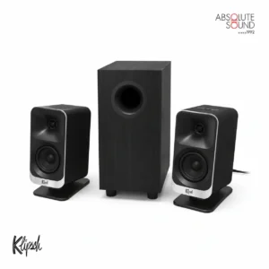 Klipsch ProMedia Lumina 2.1 desktop speaker system in black, two satellite speakers and a subwoofer.