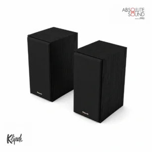 A pair of Klipsch R-40M bookshelf speakers in black with their grilles fitted.