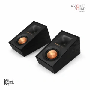 A pair of Klipsch R-40SA elevation and surround speakers in black, with angled cabinets and copper woofers.