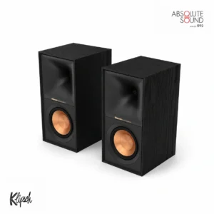 A pair of Klipsch R-50M bookshelf speakers in black, one with its grille removed to show the copper woofer.