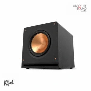 Klipsch RP-1400SW powered subwoofer in black, with a copper front-firing driver.