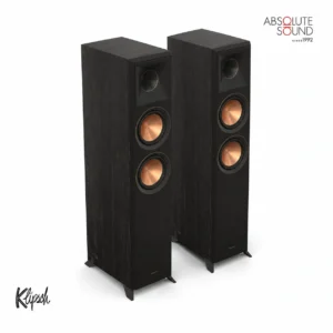A pair of Klipsch RP-5000F ll floorstanding speakers in ebony, grilles removed to show the copper woofers.