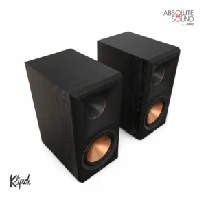 A pair of Klipsch RP-500M ll bookshelf speakers in ebony, one with its grille fitted and one showing its copper woofer.