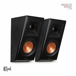A pair of Klipsch RP-500SA elevation and surround speakers in ebony, with angled cabinets and copper woofers.