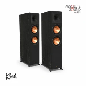 A pair of Klipsch RP-6000F ll floorstanding speakers in ebony, grilles removed to show the copper woofers.