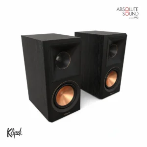 A pair of Klipsch RP-600M ll bookshelf speakers in ebony, one with its grille fitted and one showing its copper woofer.