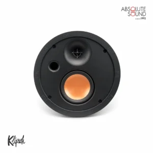 Klipsch SLM-3400-C in-ceiling speaker, shown with its grille off to reveal the copper woofer and tweeter.