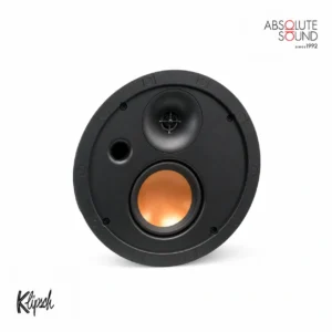 Klipsch SLM-5400-C in-ceiling speaker, shown with its grille off to reveal the copper woofer and tweeter.
