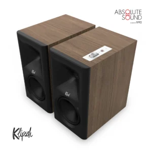 A pair of Klipsch The Sevens II powered speakers in the walnut finish.