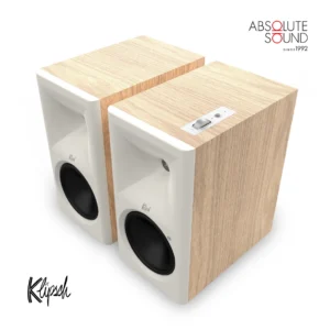 A pair of Klipsch The Fives II powered speakers in the red oak finish.