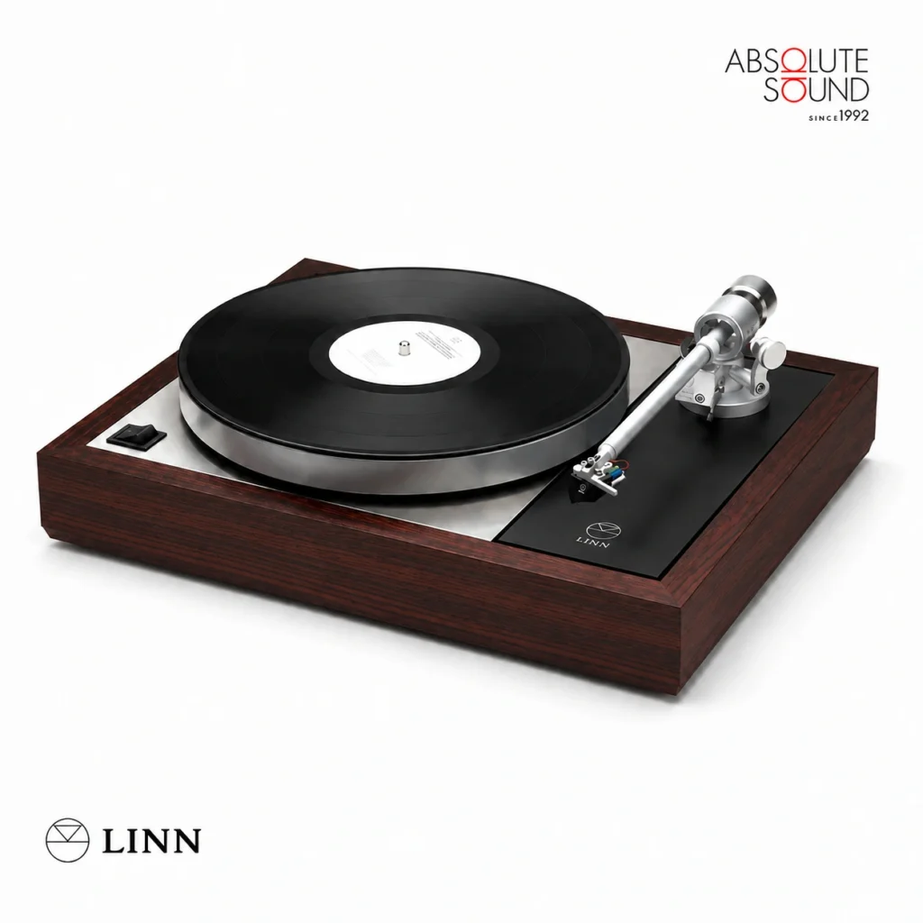 Linn Majik LP12 turntable with a dark rosewood plinth and silver tonearm, with a record on the platter.