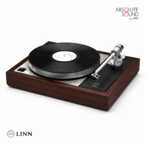 Linn Majik LP12 turntable with a dark rosewood plinth and silver tonearm, with a record on the platter.