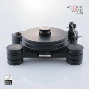 Transrotor Dark Star turntable in black, with a thick platter and tonearm fitted