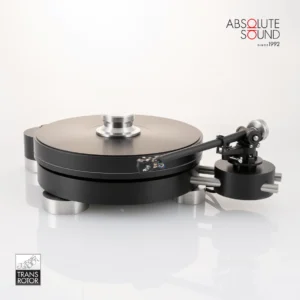 Transrotor Max Nero turntable in black, with steel feet and a tonearm fitted