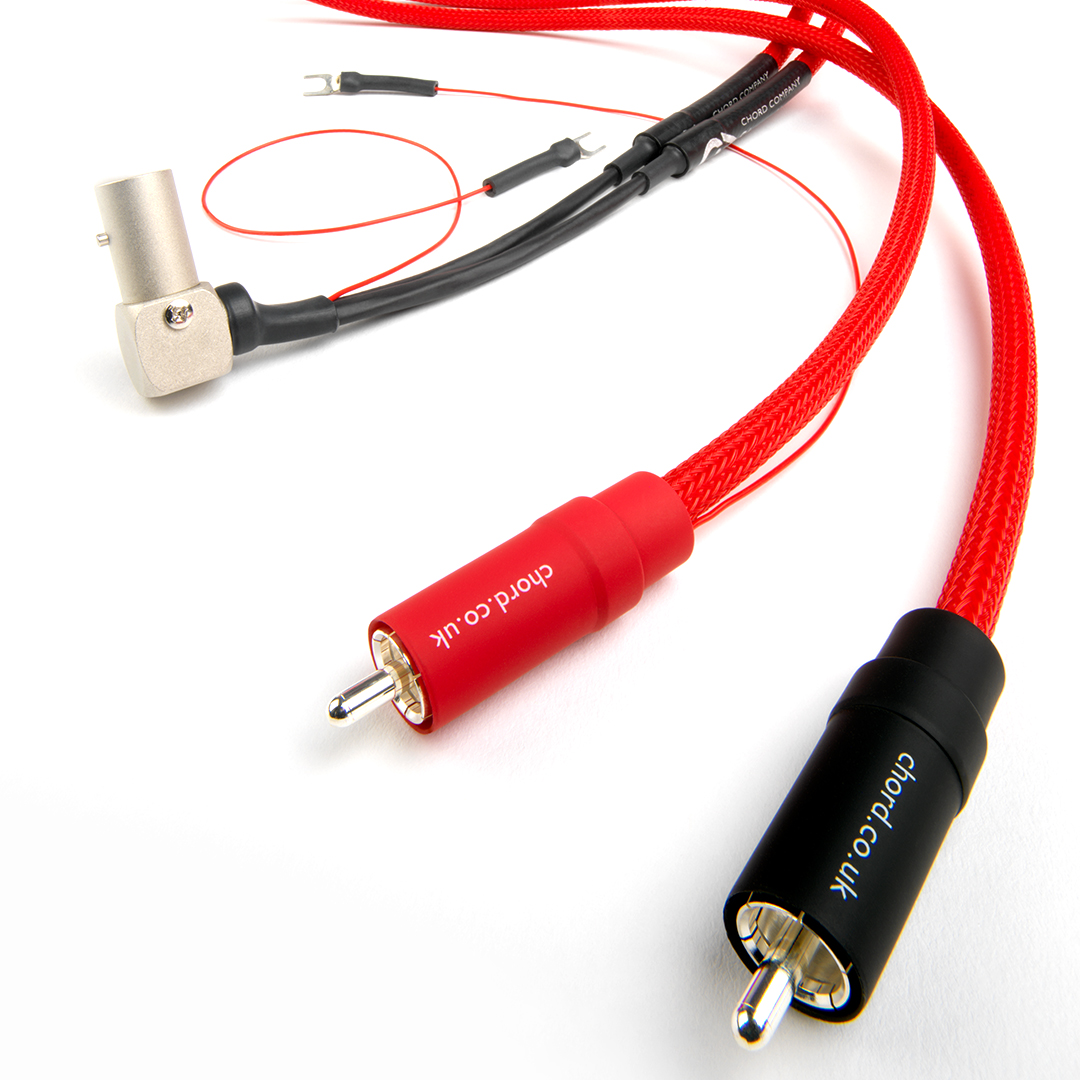 Chord Company ShawlineX tone arm cable, red, with RCA plugs, a right-angle tone arm plug and an earth wire