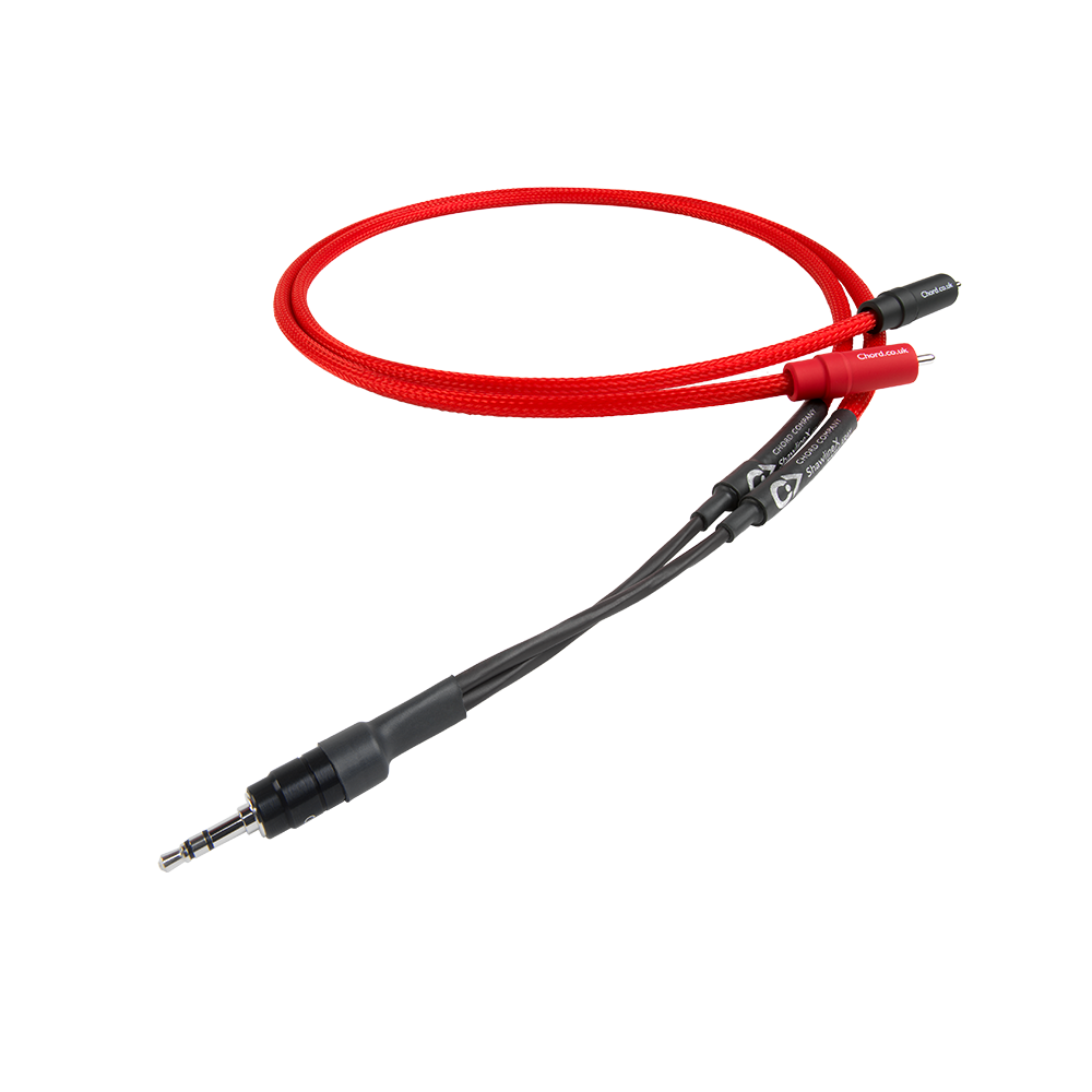 Chord Company ShawlineX mini-jack cable, red, with a 3.5mm plug at one end and two RCA plugs at the other