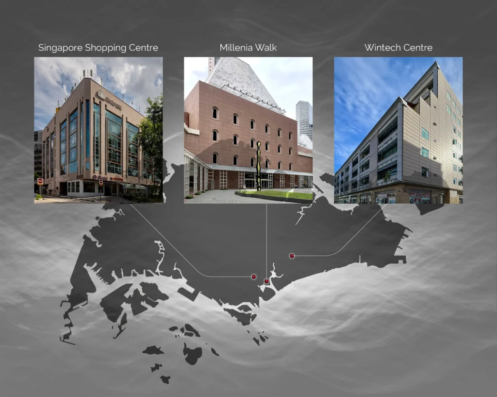 Map of Singapore showing the three showroom locations: Singapore Shopping Centre, Millenia Walk and Wintech Centre
