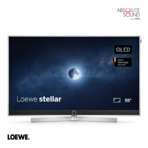 Loewe stellar 55 OLED television on its aluminium table stand, front view