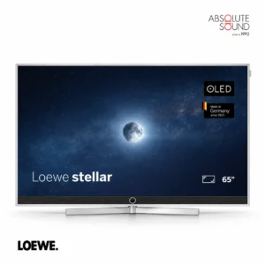 Loewe stellar 65 OLED television on its aluminium table stand, front view