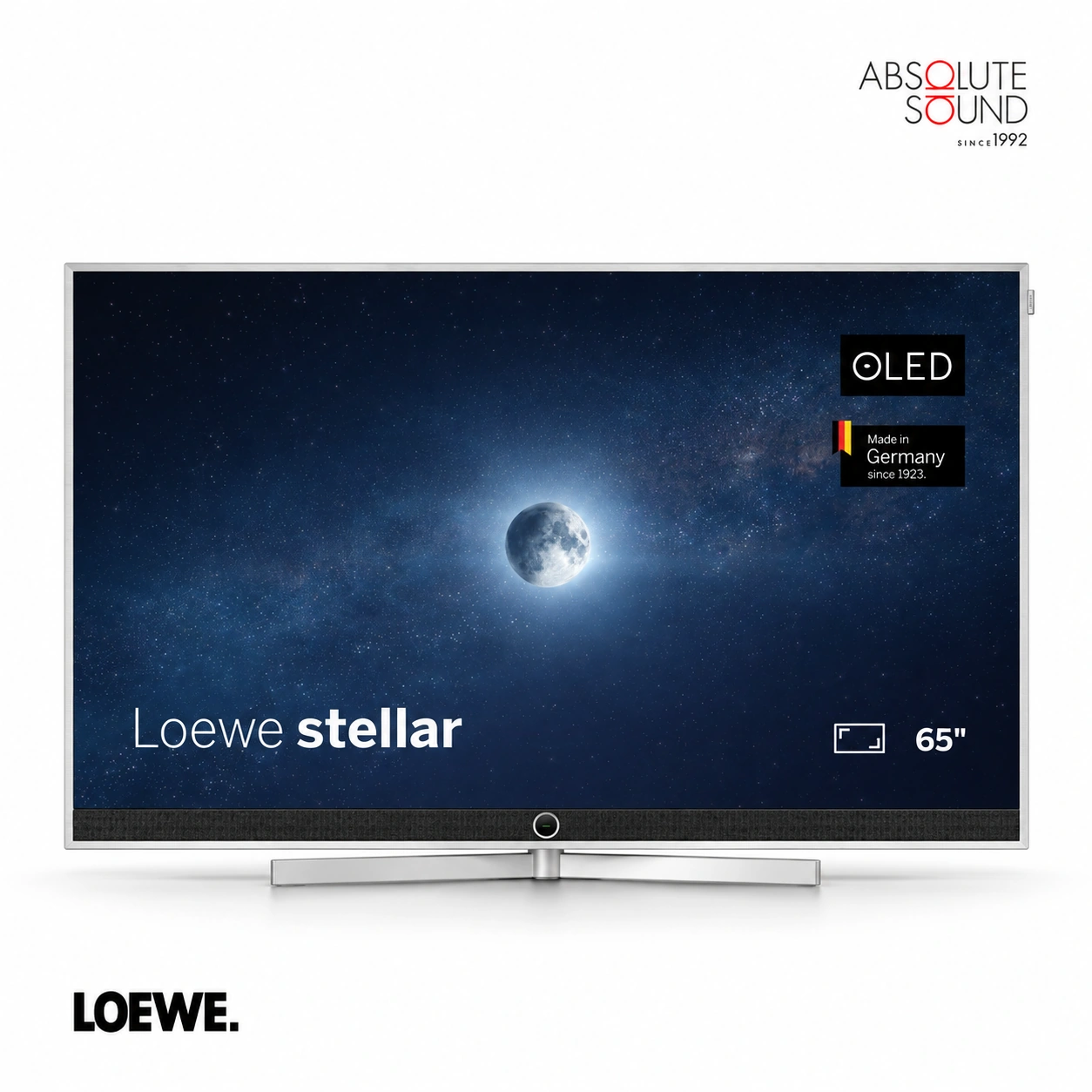 Loewe stellar 65 OLED television on its aluminium table stand, front view