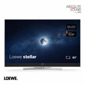 Loewe stellar 83 OLED television on its aluminium table stand, front view