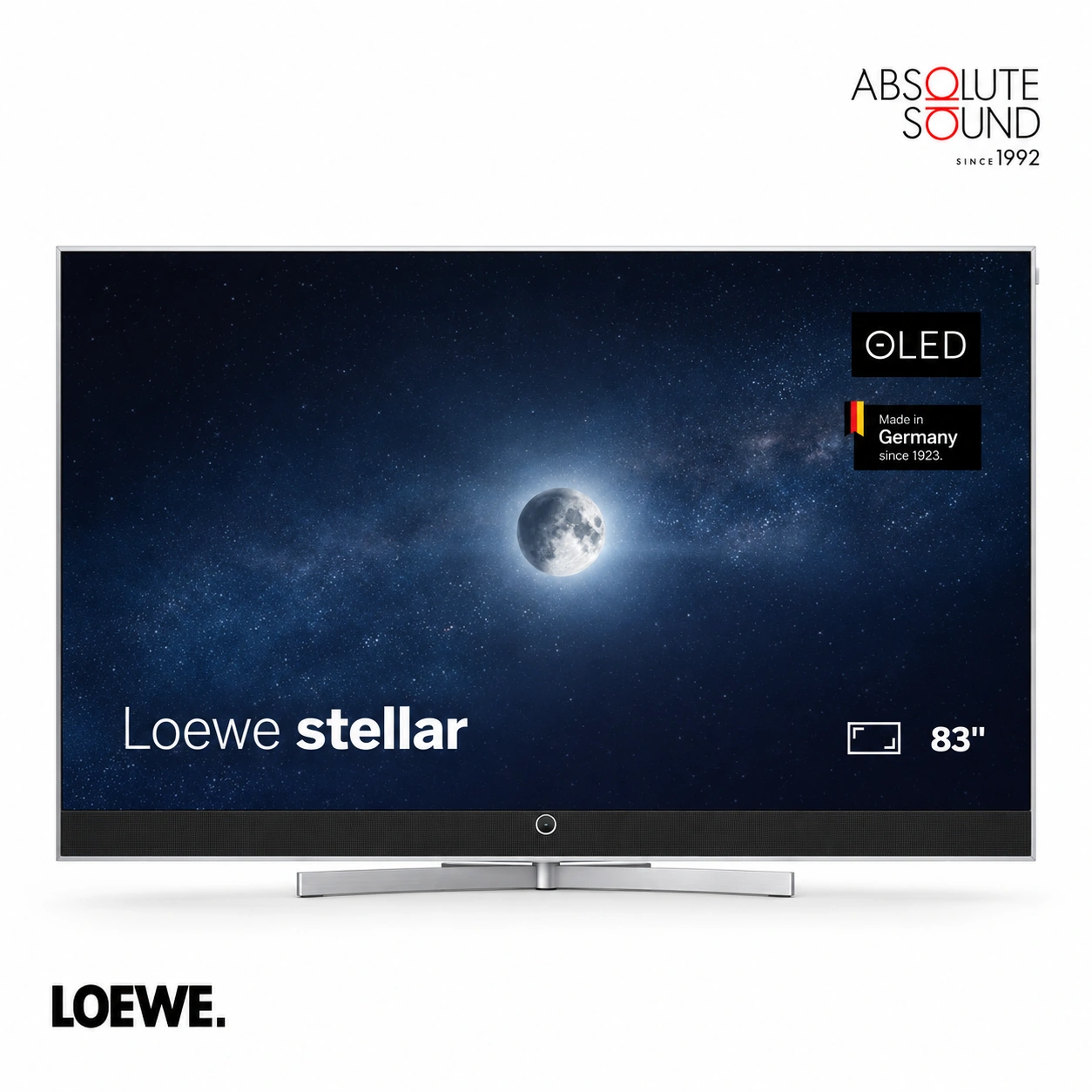 Loewe stellar 83 OLED television on its aluminium table stand, front view